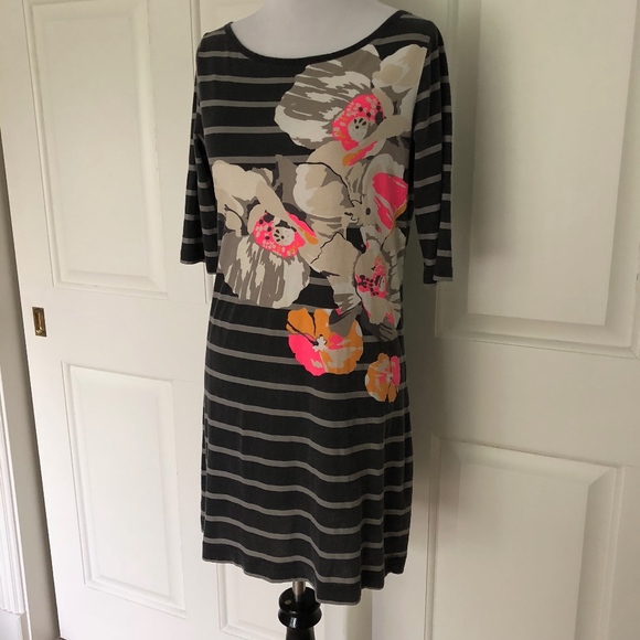 GRAY STRIPE ABSTRACT FLORAL COTTON JERSEY DRESS - Picture 3 of 6